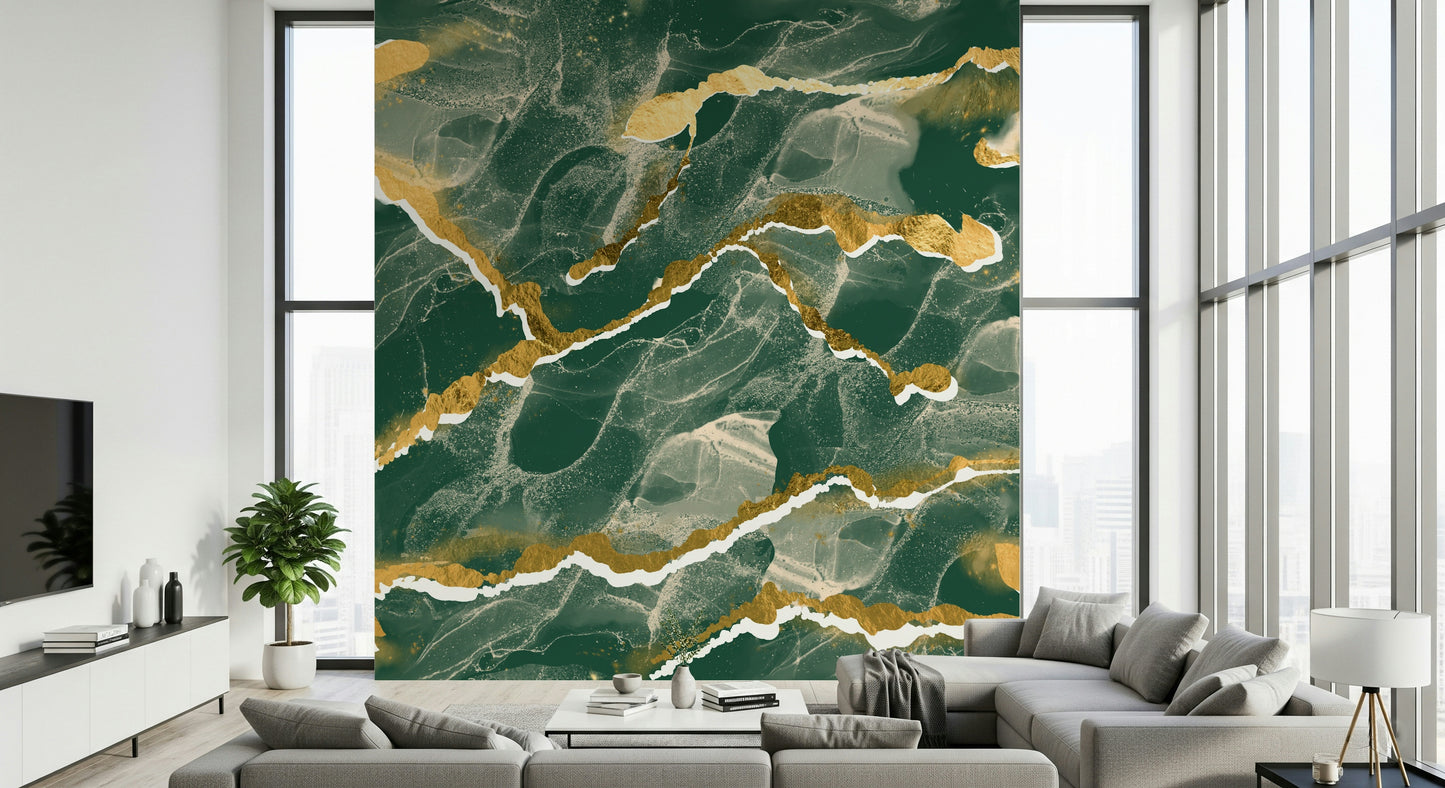 Golden Veins Emerald Marble - a Modern Luxe Abstract Marble Wallpaper mural.
