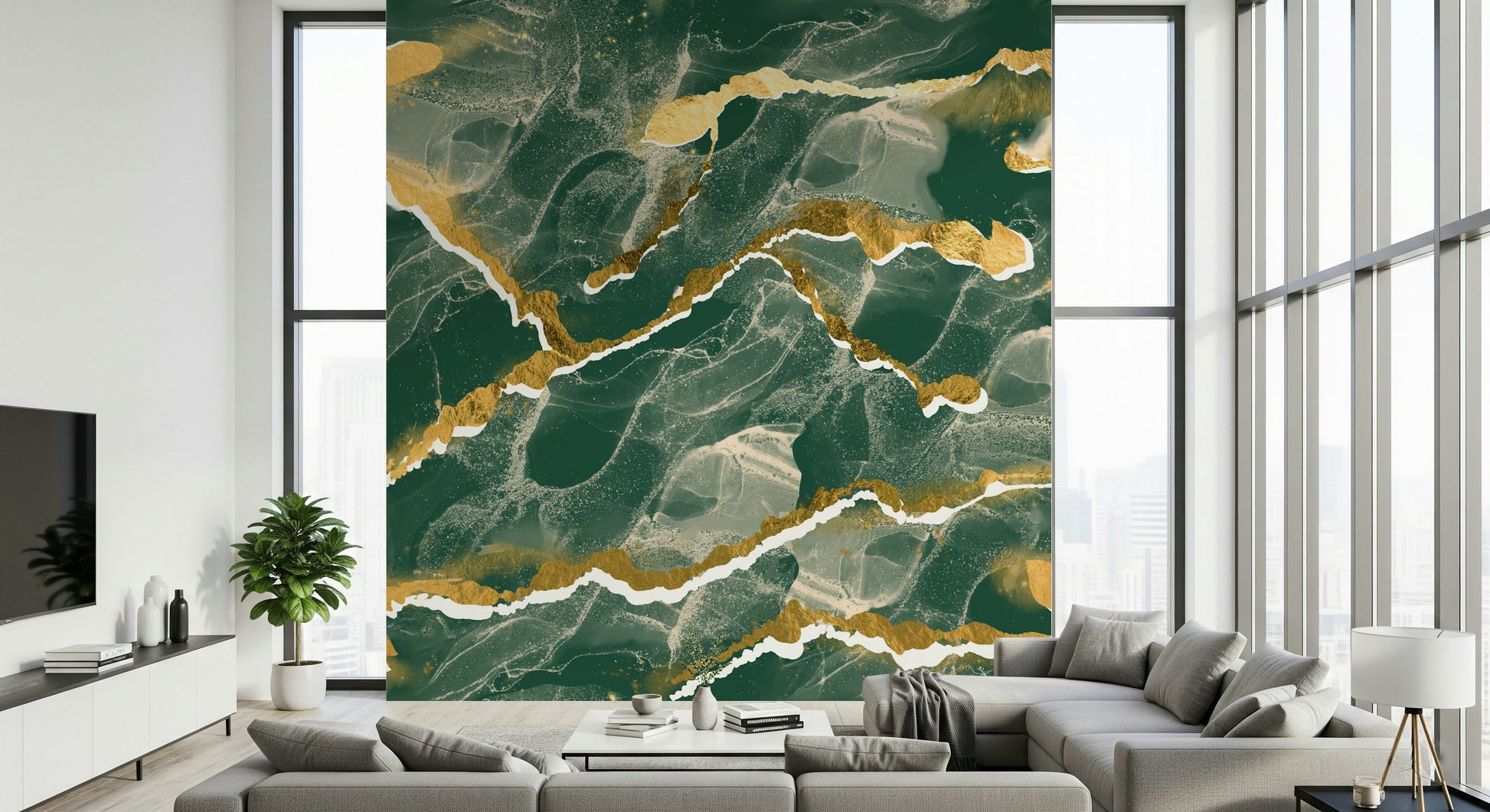 Golden Veins Emerald Marble - a Modern Luxe Abstract Marble Wallpaper mural.