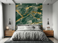 A modern abstract wall mural depicting a stunning emerald green and gold Marble Wallpaper pattern.