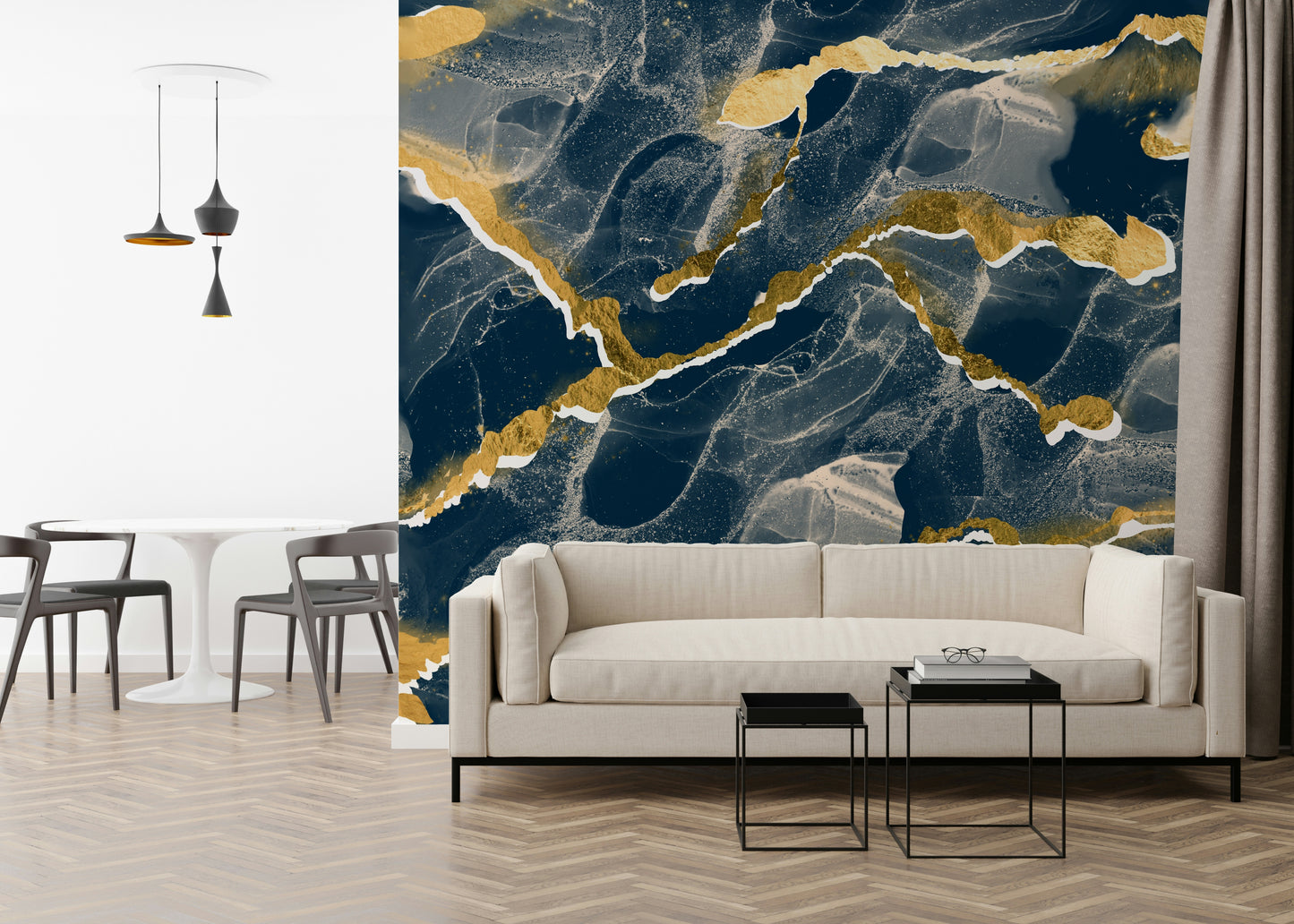 Detailed view of a navy and gold abstract Marble Wallpaper, showing the luxe, swirling mineral pattern.