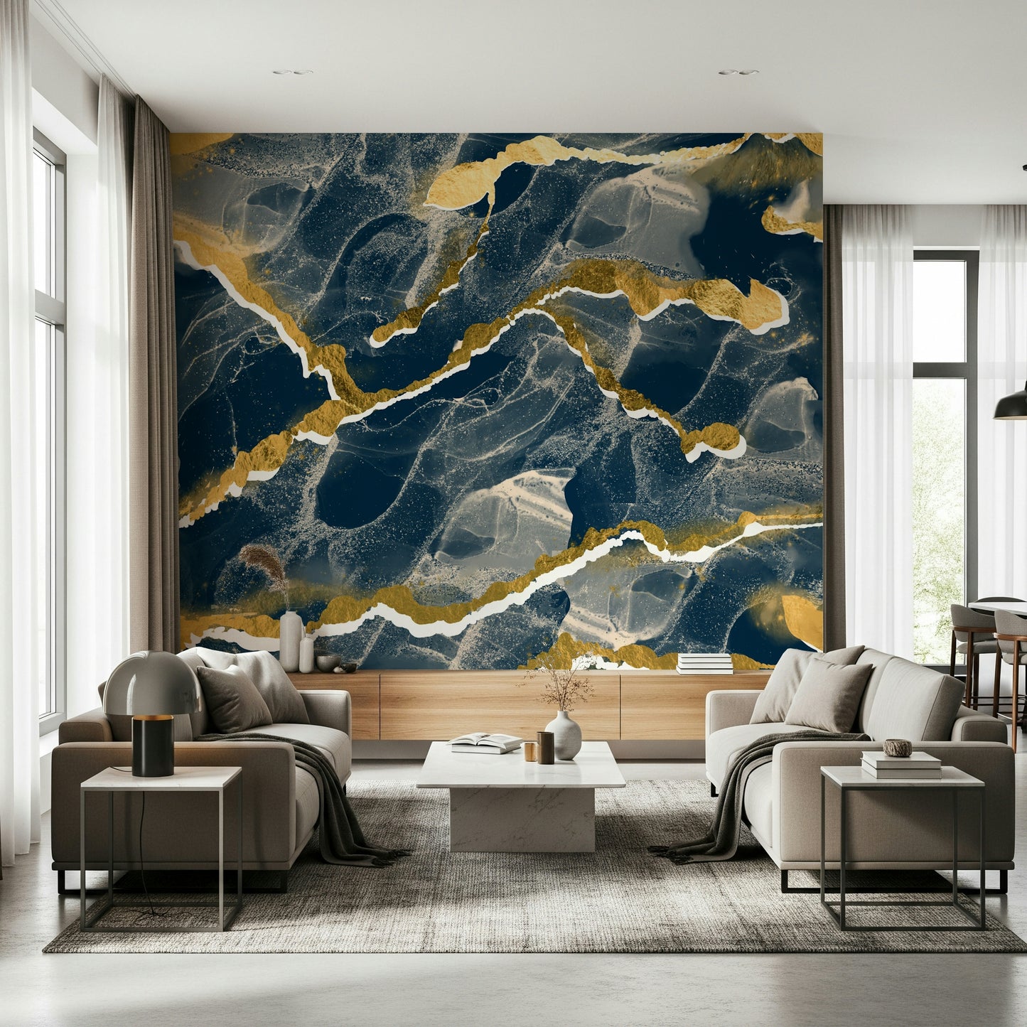 Close-up of the Golden Veins Navy Marble Wallpaper, showcasing its modern, luxe abstract pattern.