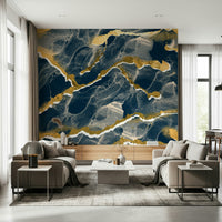 Close-up of the Golden Veins Navy Marble Wallpaper, showcasing its modern, luxe abstract pattern.