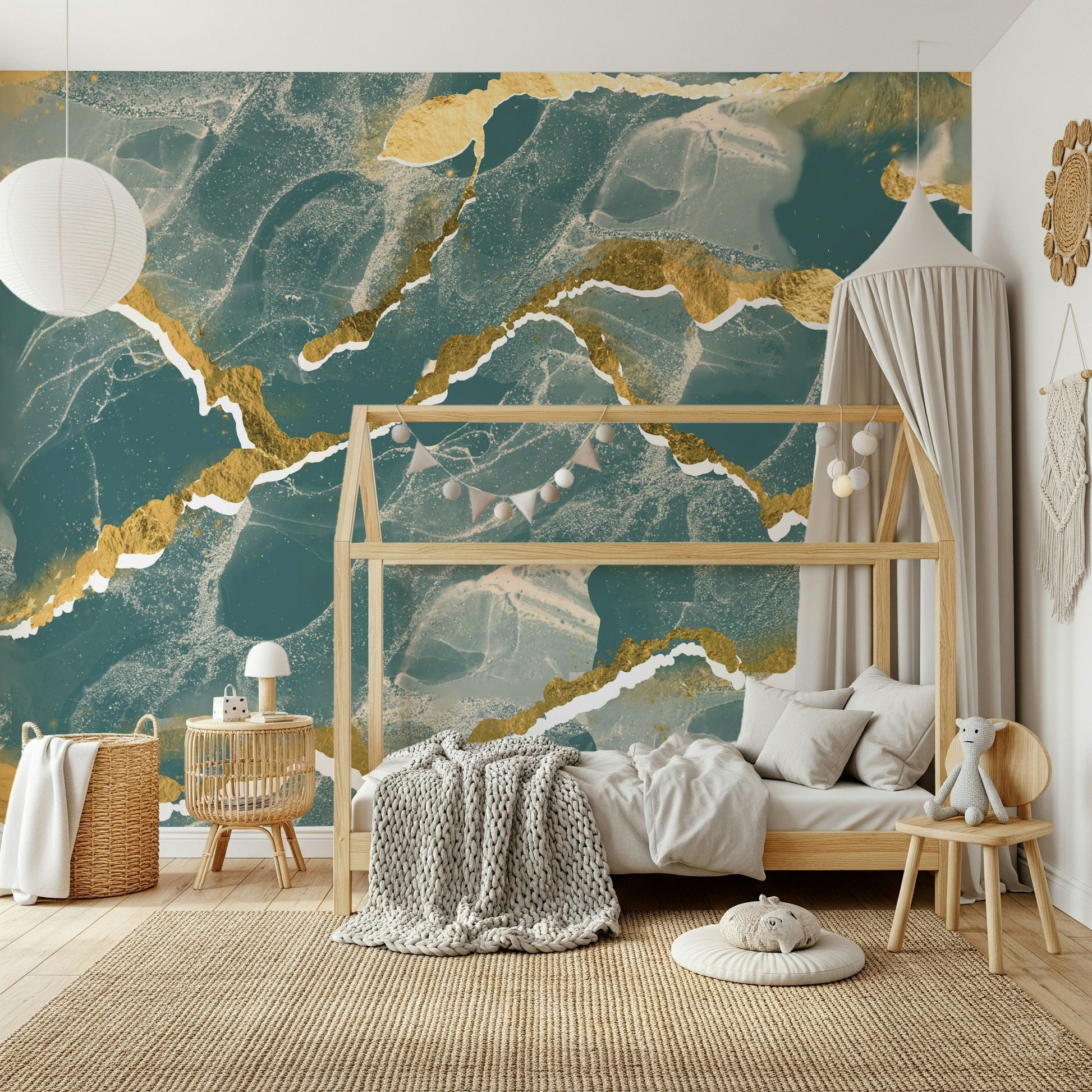 Golden Veins Deep Lagoon design shown as a large-scale, modern abstract Marble Wallpaper.