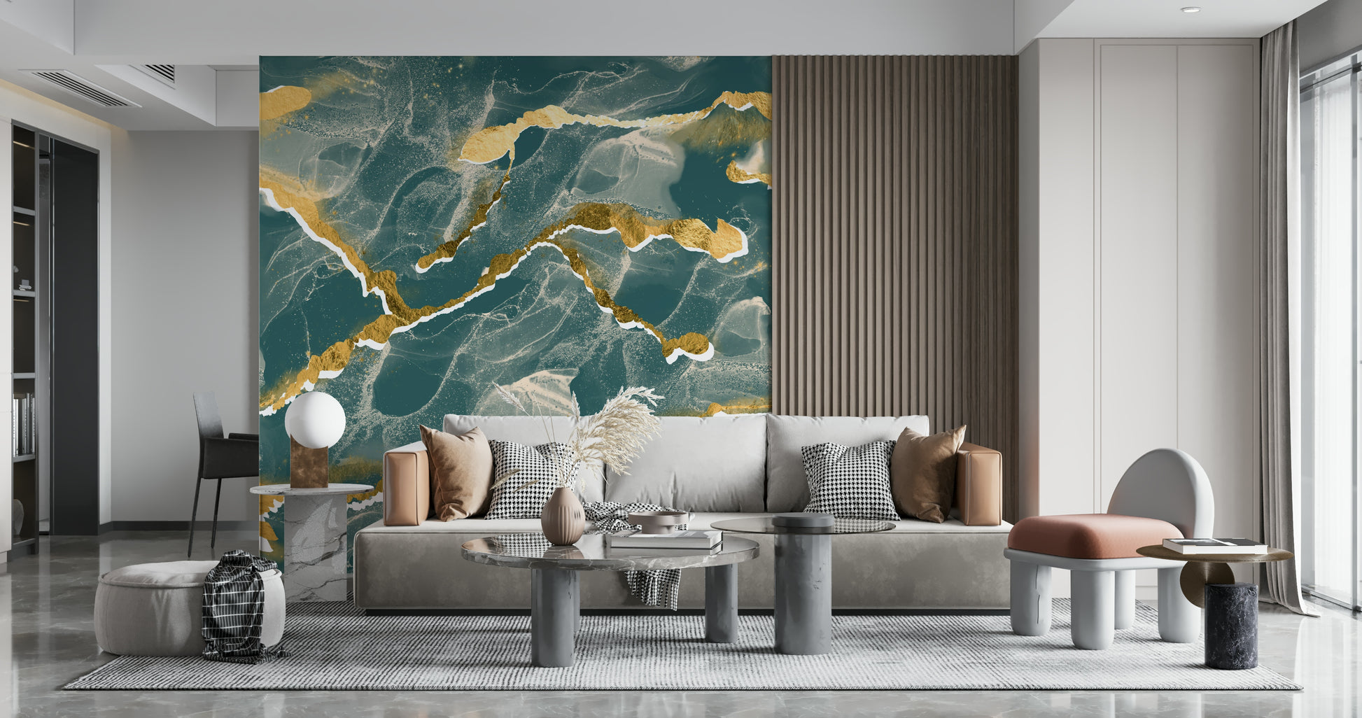 A modern abstract wall mural depicting a stunning deep lagoon and gold Marble Wallpaper pattern.