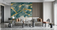A modern abstract wall mural depicting a stunning deep lagoon and gold Marble Wallpaper pattern.