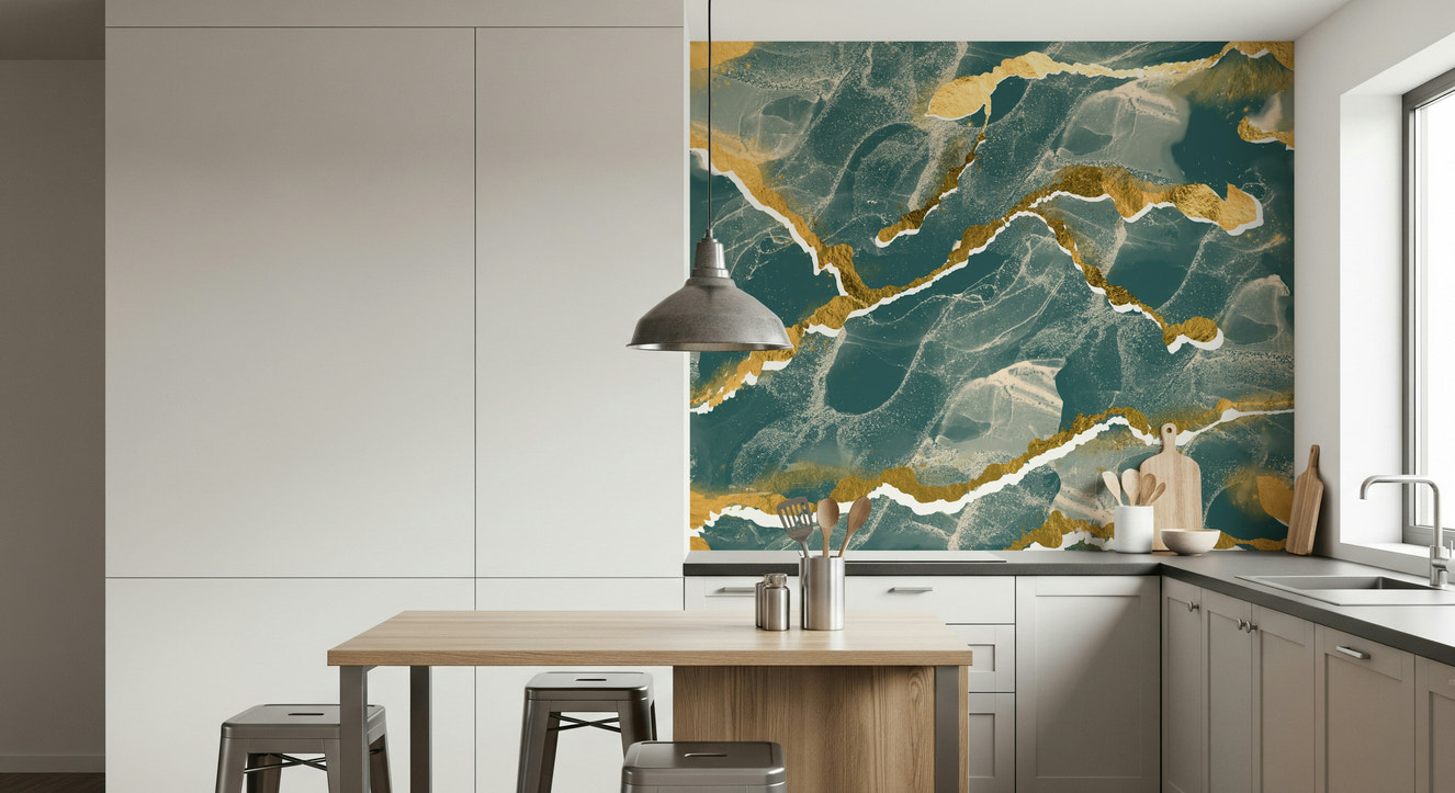 A modern abstract Marble Wallpaper featuring rich deep lagoon hues intersected by elegant golden veins.