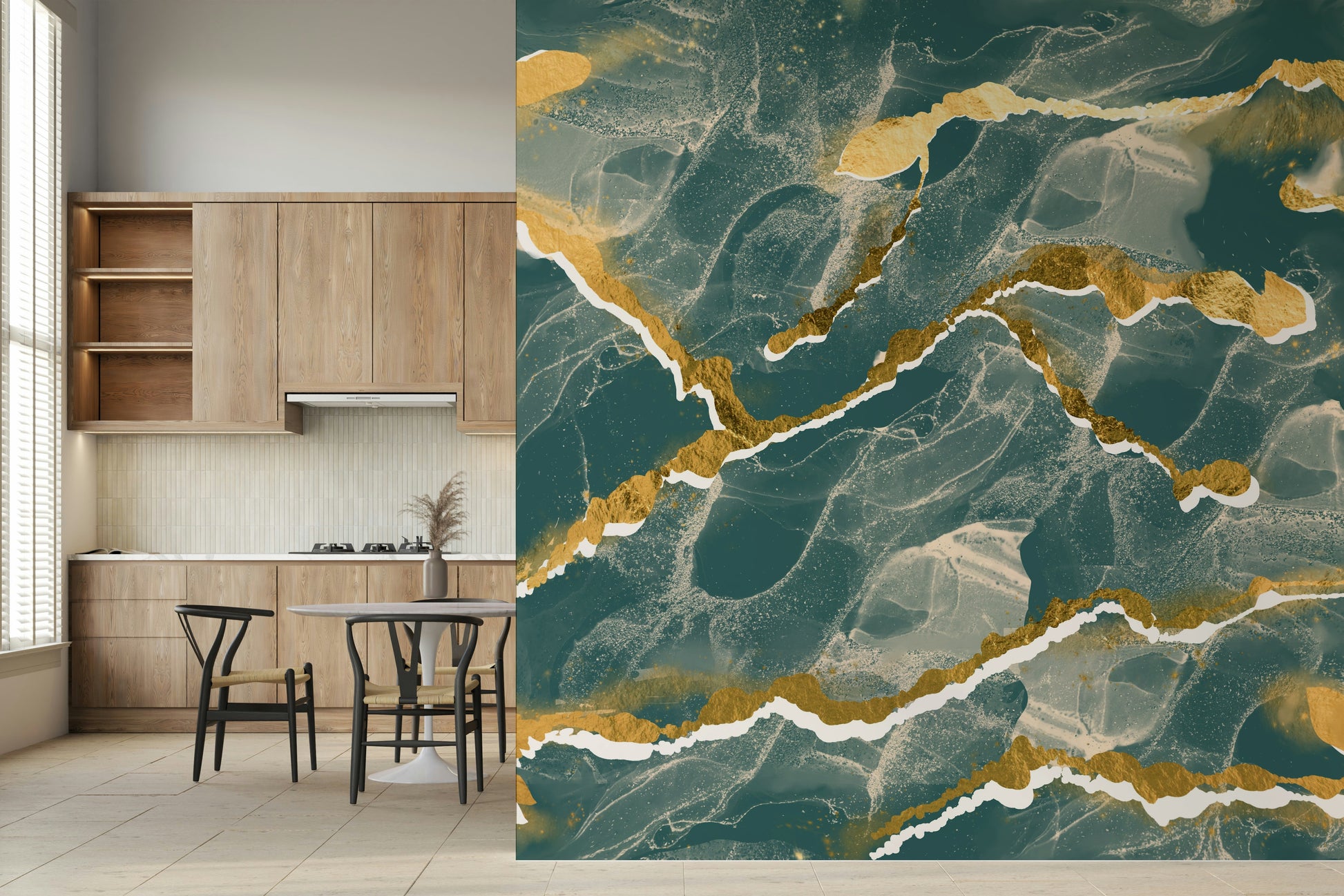 Abstract art Marble Wallpaper mural with flowing golden veins across a deep lagoon marble background.