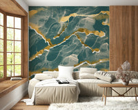 Luxe deep lagoon Marble Wallpaper mural featuring an abstract design with striking golden veins.