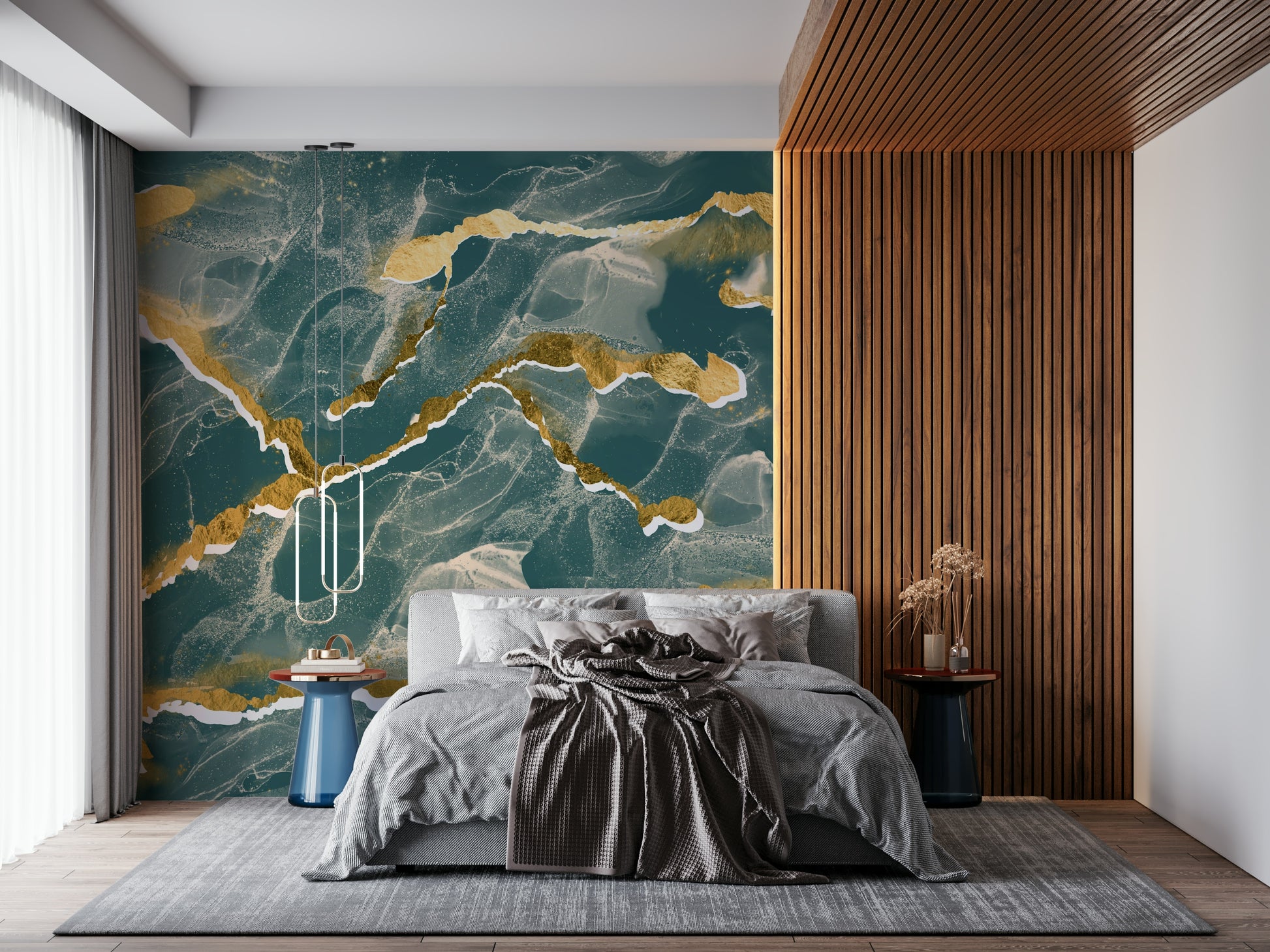 Detailed view of a deep lagoon and gold abstract Marble Wallpaper, showing the luxe, swirling mineral pattern.