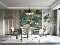 Modern Luxe Abstract Wall Mural with a deep lagoon blue and golden vein Marble Wallpaper design.