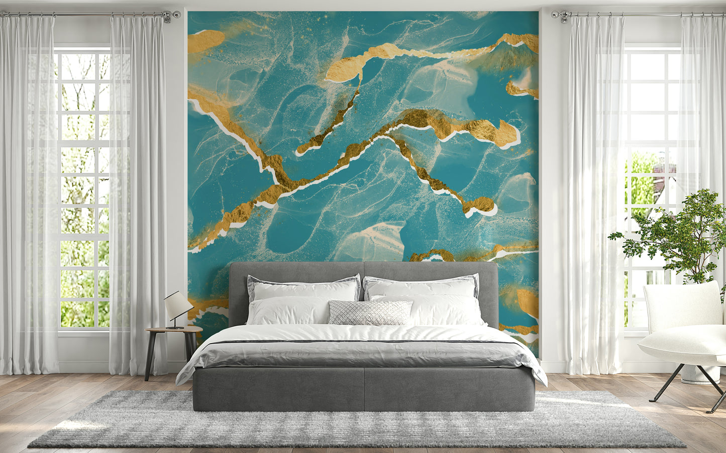 Luxe tropical teal Marble Wallpaper mural featuring an abstract design with striking golden veins.