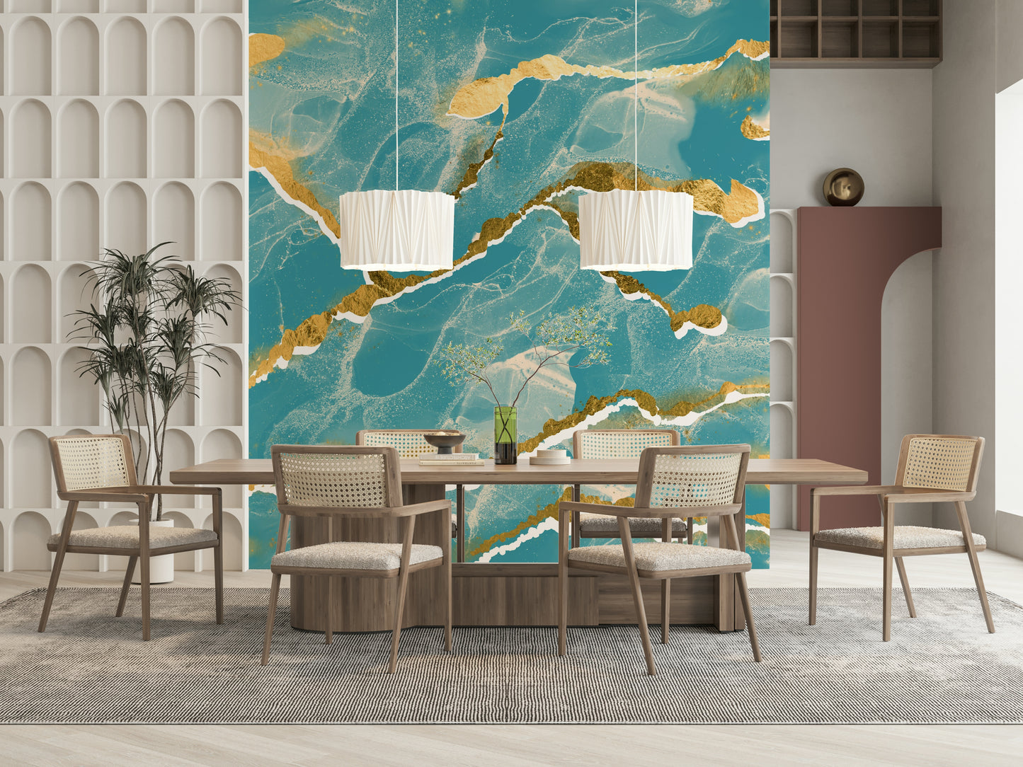Detailed view of a tropical teal and gold abstract Marble Wallpaper, showing the luxe, swirling mineral pattern.