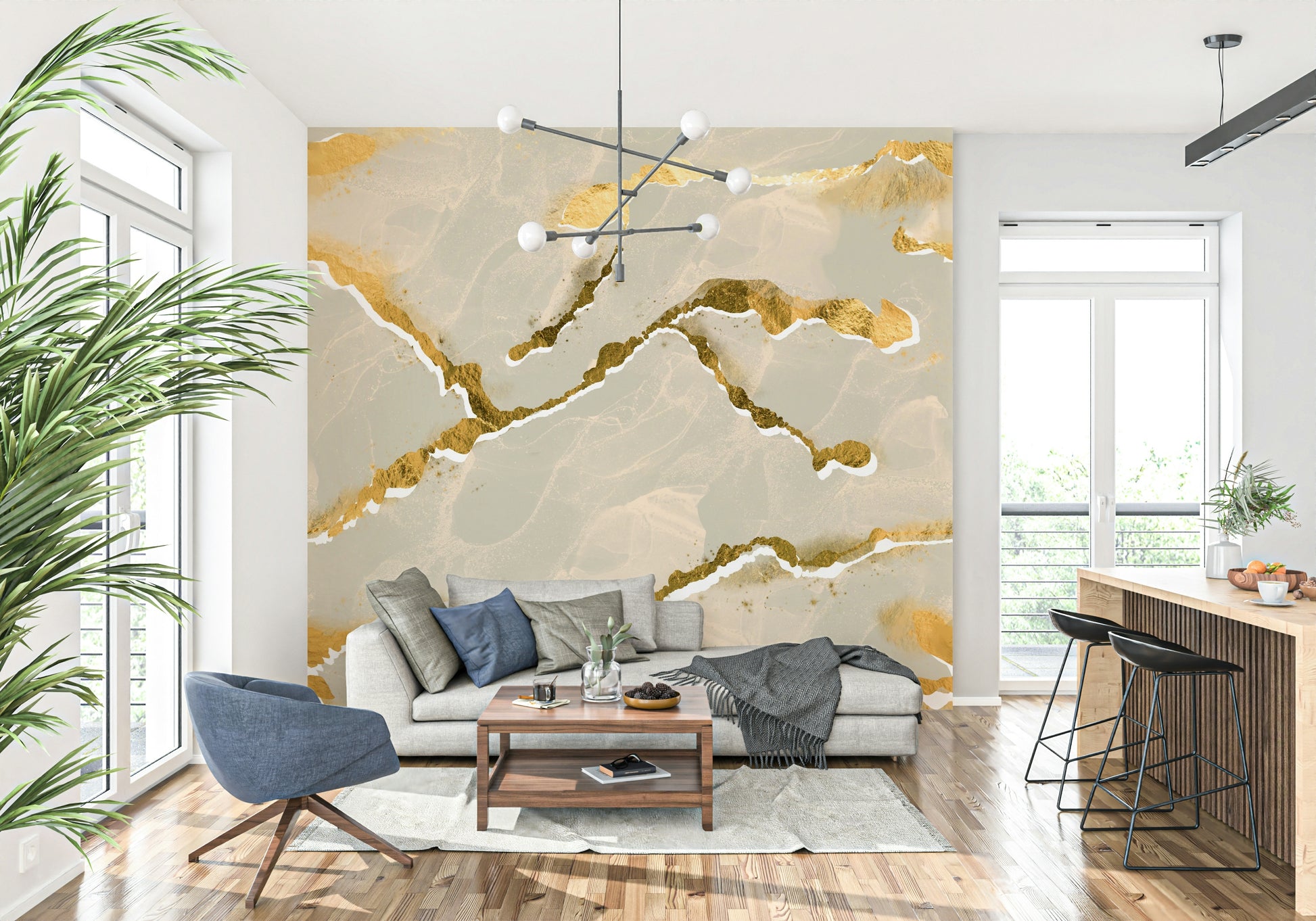 Detailed view of an ecru sand and gold abstract Marble Wallpaper, showing the luxe, swirling mineral pattern.