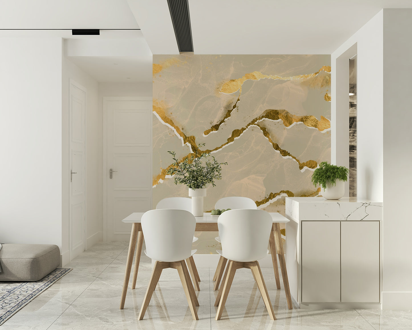 Abstract art Marble Wallpaper mural with flowing golden veins across a soft ecru sand marble background.