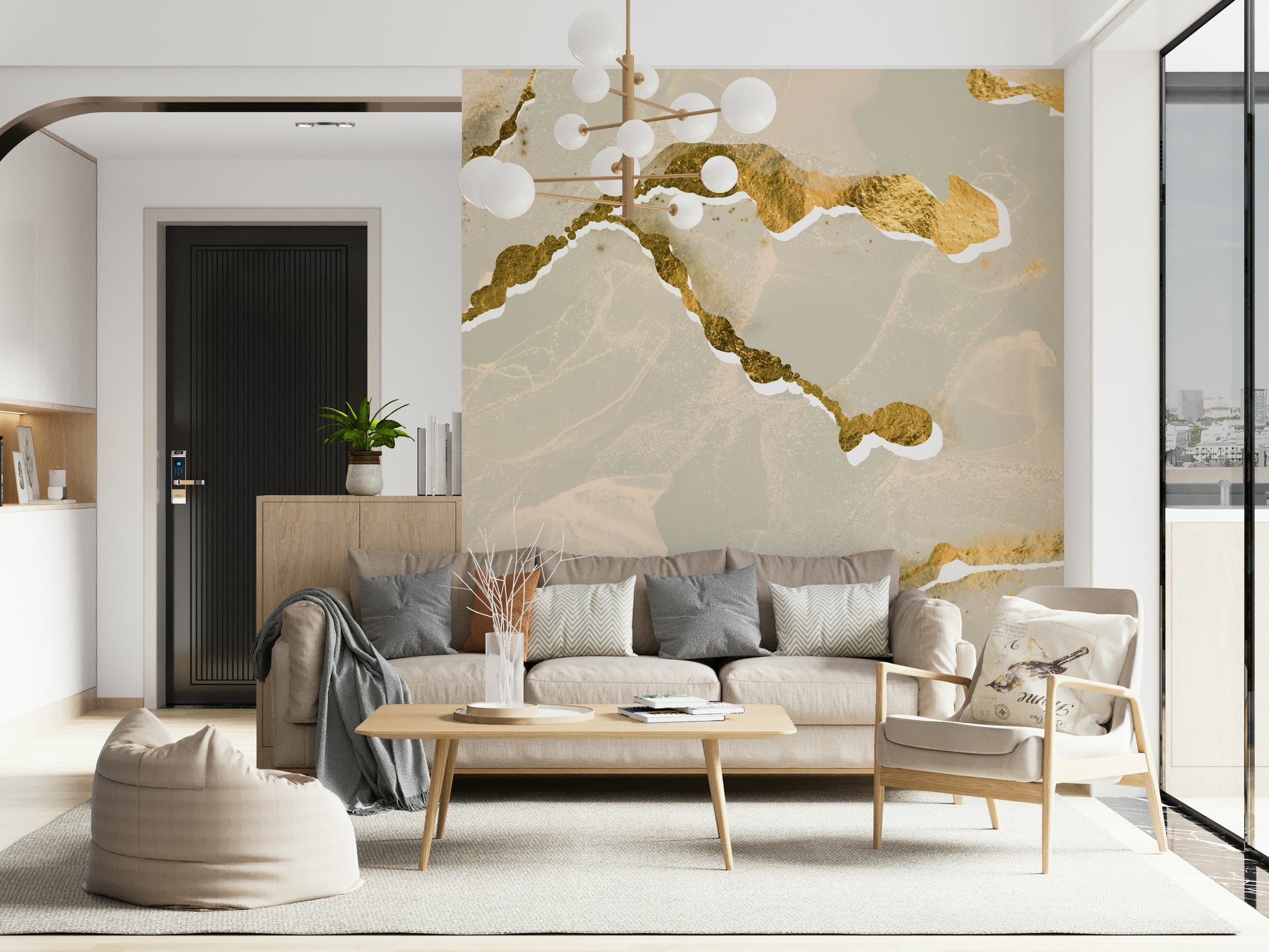 Golden Veins Ecru Sand design shown as a large-scale, modern abstract Marble Wallpaper.