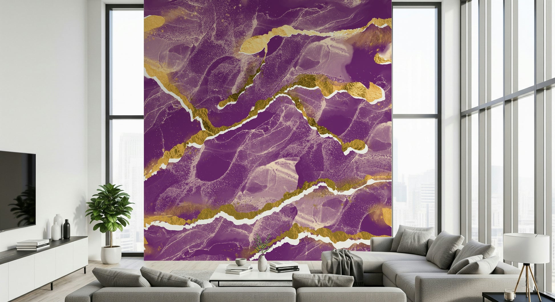 Abstract art Marble Wallpaper mural with flowing golden veins across a cosmic violet marble background.