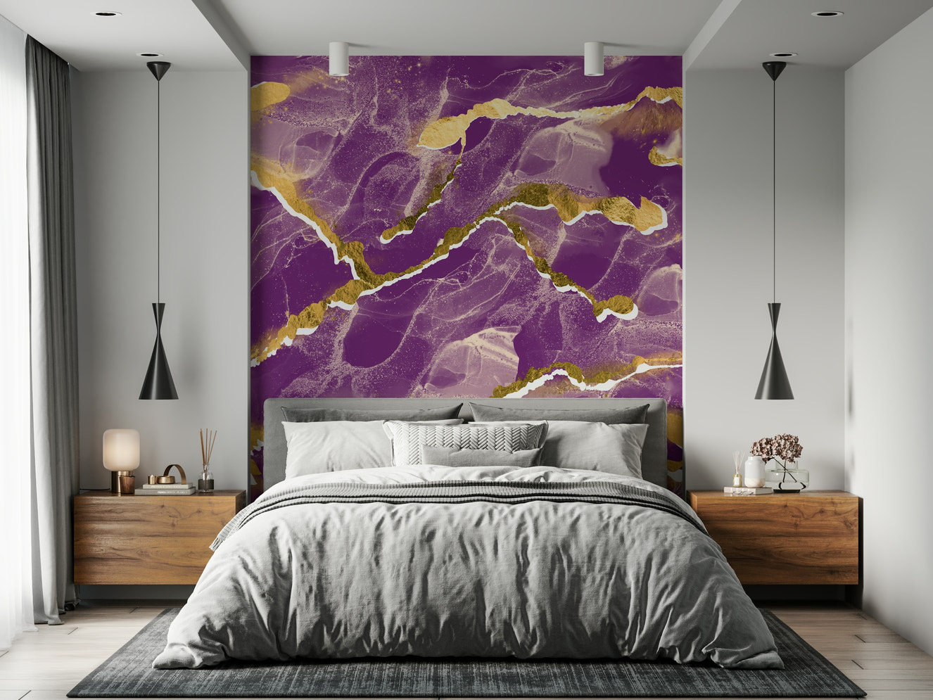 A stunning abstract Marble Wallpaper featuring rich cosmic violet hues intersected by elegant golden veins.