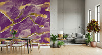A modern abstract wall mural depicting a dramatic cosmic violet and gold Marble Wallpaper design.
