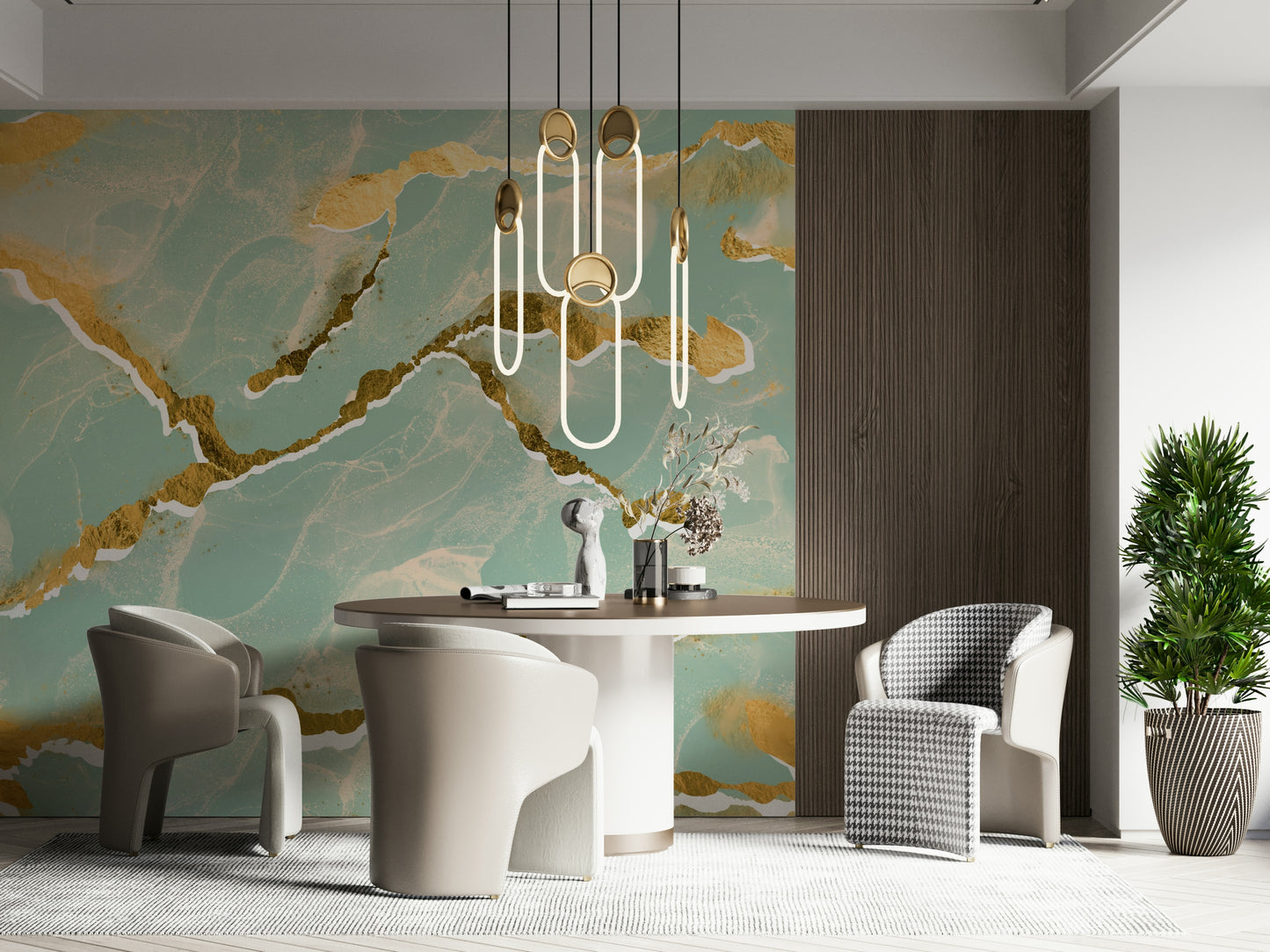 Elegant Marble Wallpaper in a soft mint green, highlighted by sophisticated golden veins for a modern look.