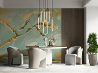 Elegant Marble Wallpaper in a soft mint green, highlighted by sophisticated golden veins for a modern look.