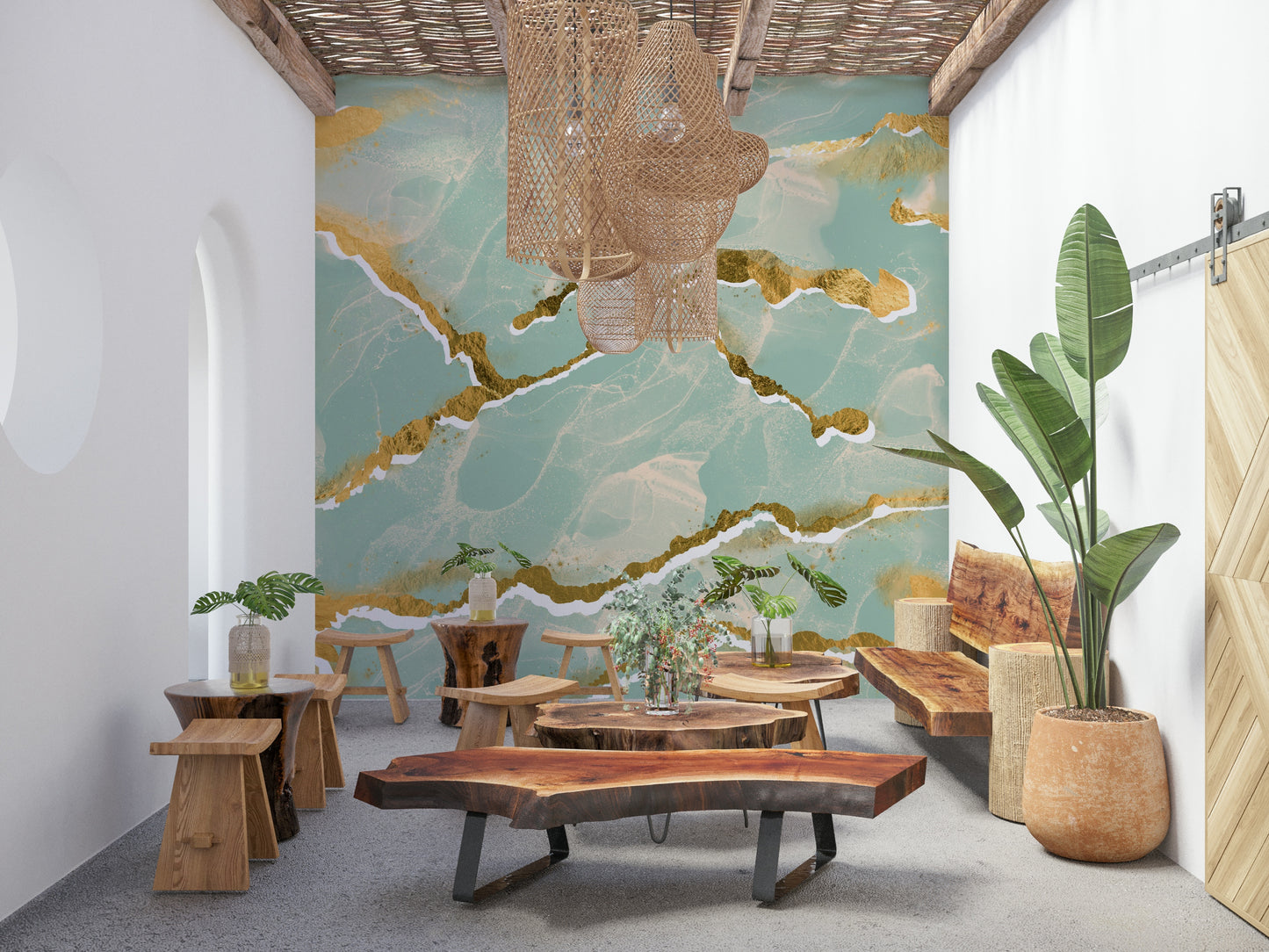 A modern abstract wall mural depicting a mint and gold Marble Wallpaper pattern, adding a luxe touch.