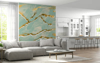 Luxe mint green Marble Wallpaper mural featuring an abstract design with striking golden veins.