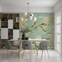 Modern Luxe Abstract Wall Mural with a mint whisper and golden vein Marble Wallpaper design.