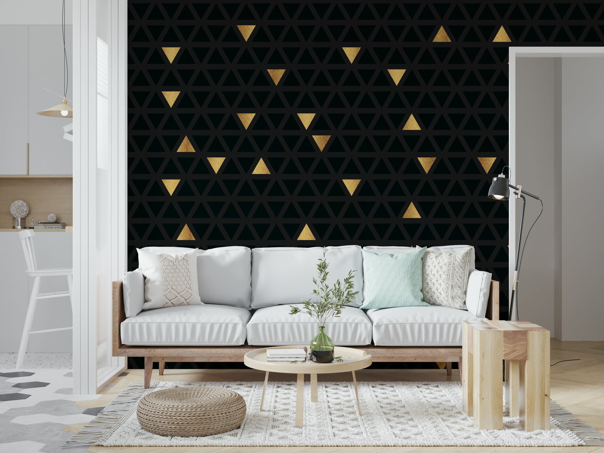 The Luxury Black and Gold Triangles mural shown as a flat lay, detailing the intricate lines of the modern wallpaper design.