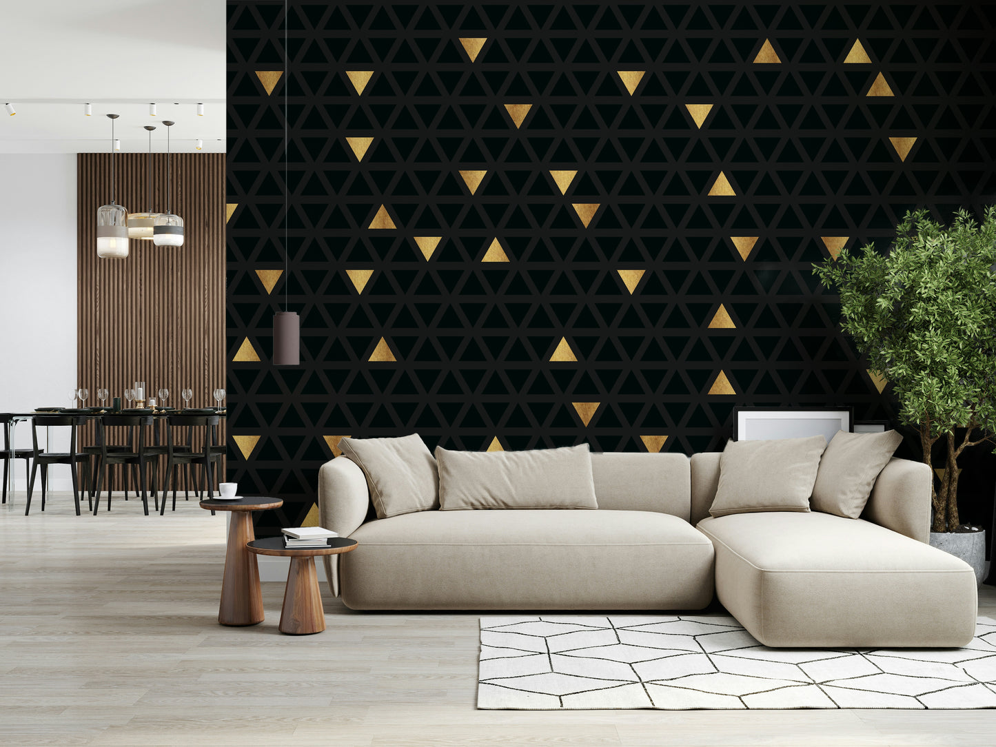 The Luxury Black and Gold Triangles Wall Mural, a bold modern wallpaper that uses geometric shapes for a high-end, abstract look.