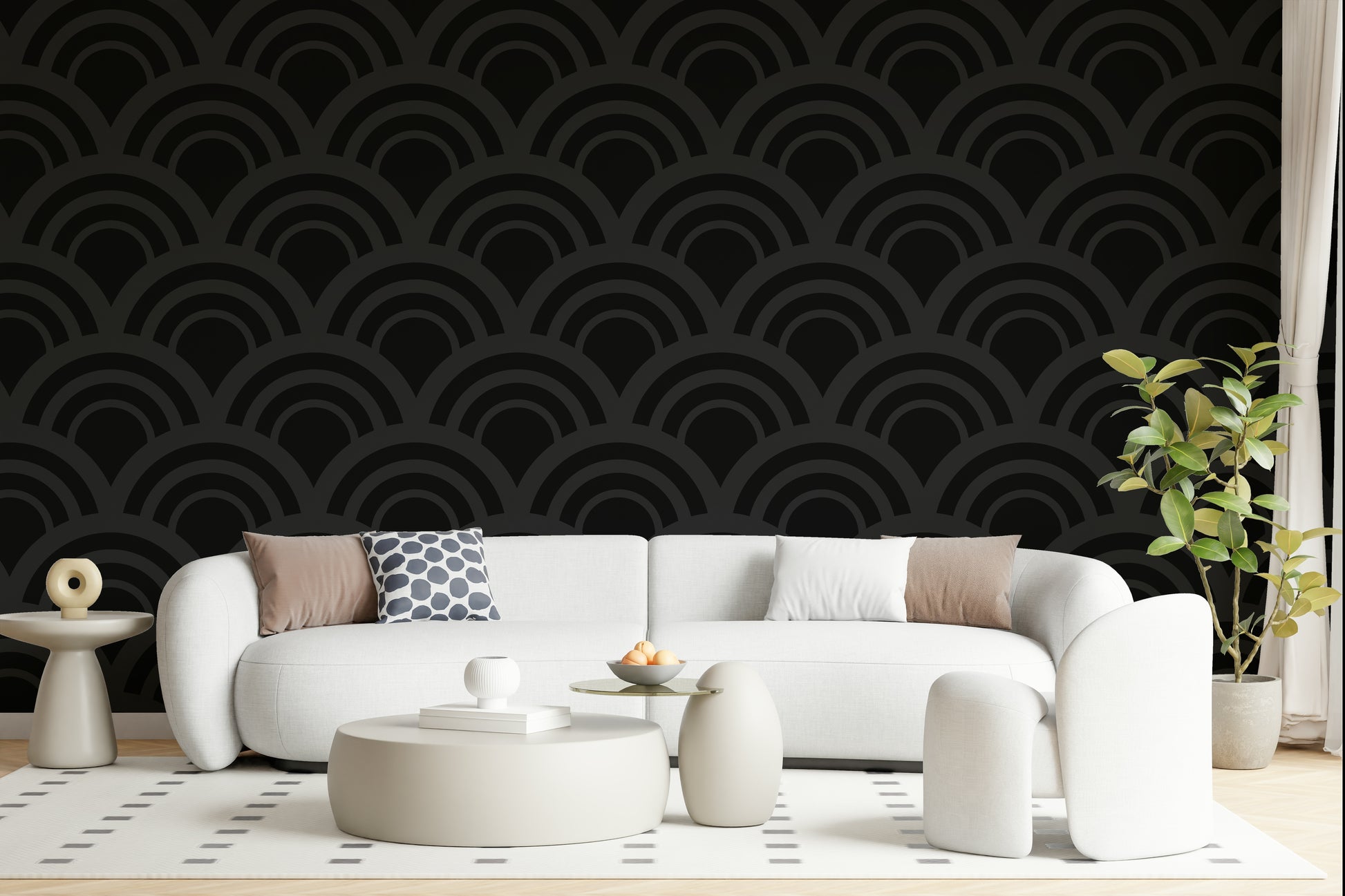 A close-up of the Black Charcoal Waves Wall Mural, highlighting the fluid, overlapping lines of this stunning geometric wallpaper.