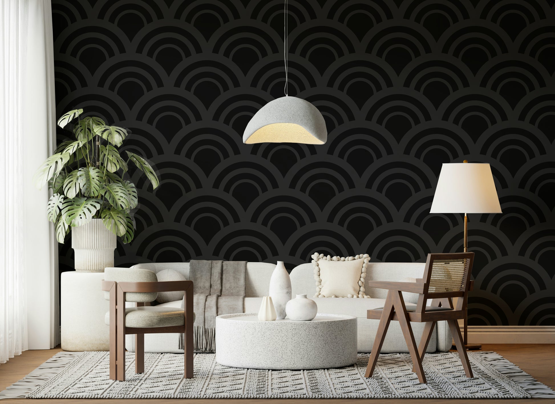 Full view of the Black Charcoal Waves Wall Mural, showcasing its dynamic wave pattern in charcoal and black, a bold geometric wallpaper choice.