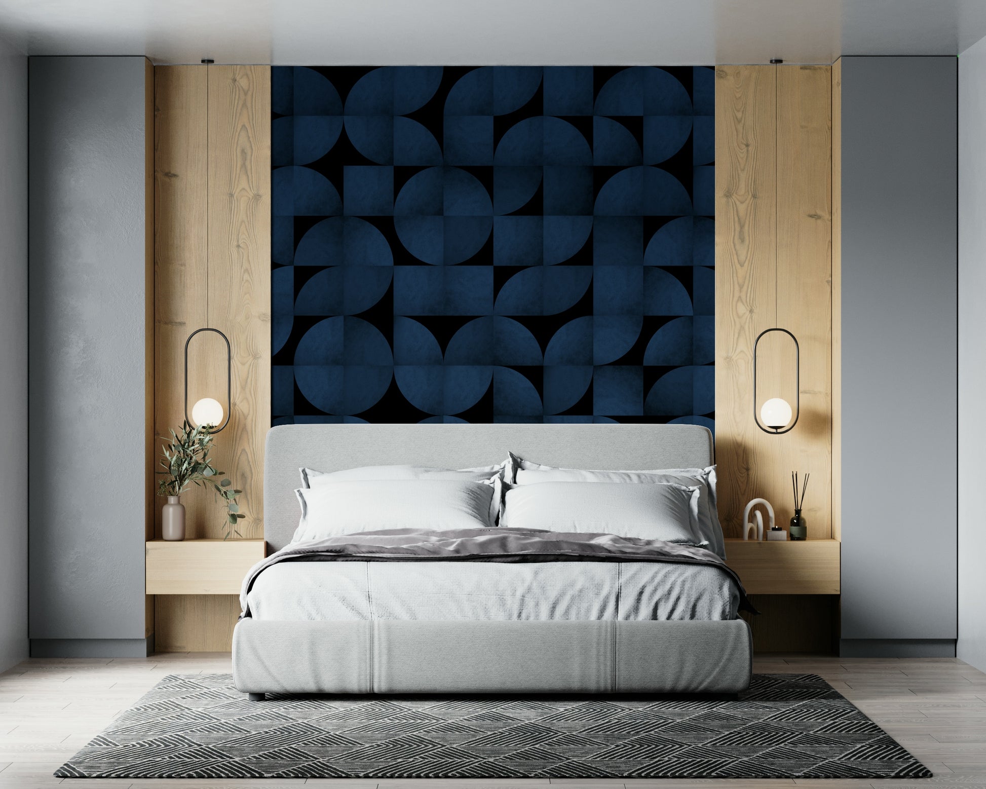 Mid-Century Blue Stone Wall Mural – Stylish mural featuring layered blue stone textures inspired by mid-century design.