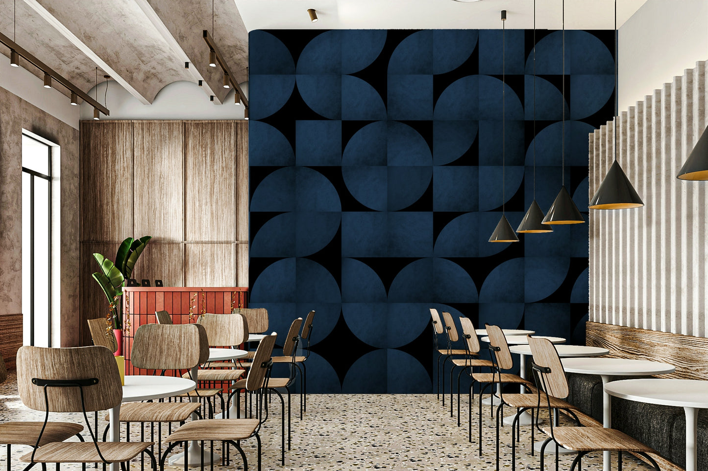 Blue Stone Mid-Century Wall Mural – Modern abstract wall design with cool blue stone patterns and geometric influences.