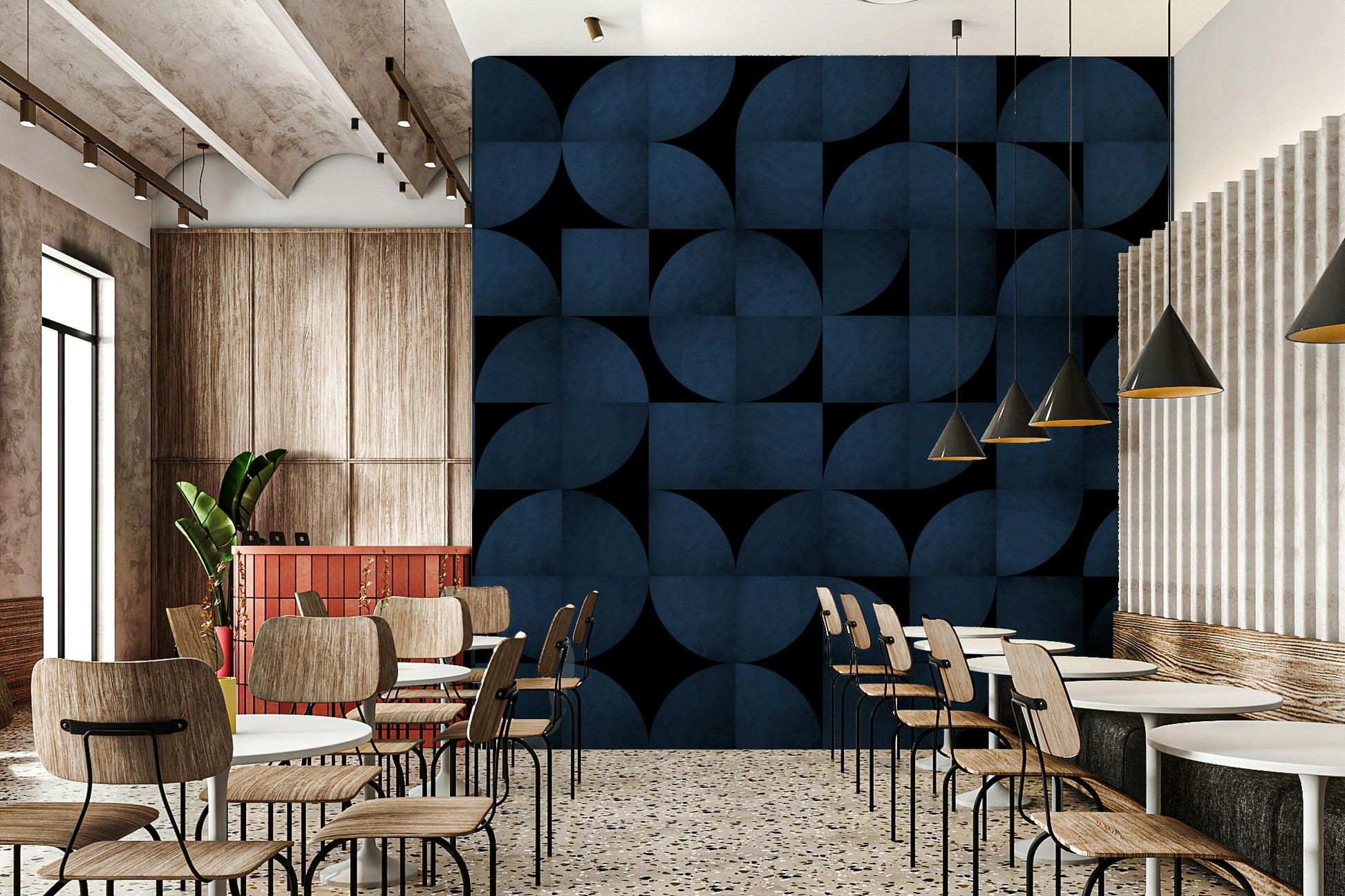 Blue Stone Mid-Century Wall Mural – Modern abstract wall design with cool blue stone patterns and geometric influences.