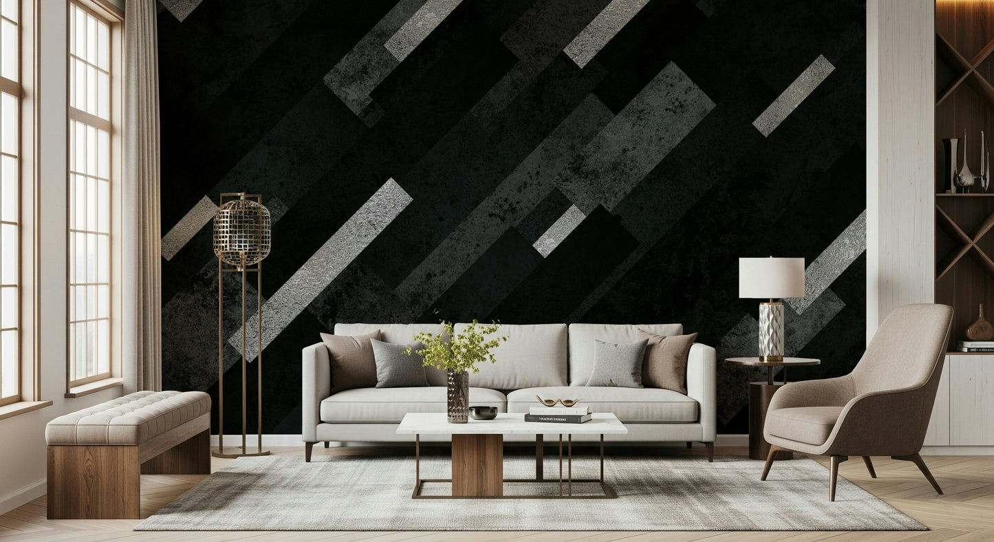 Abstract Silver Grey Charcoal Mural – Sophisticated layered pattern creating depth with grey and silver tones.