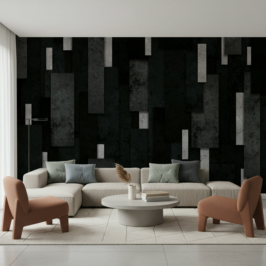 Modern Metallic Wall Mural – Abstract urban wallpaper combining charcoal base tones with silver layering for depth.