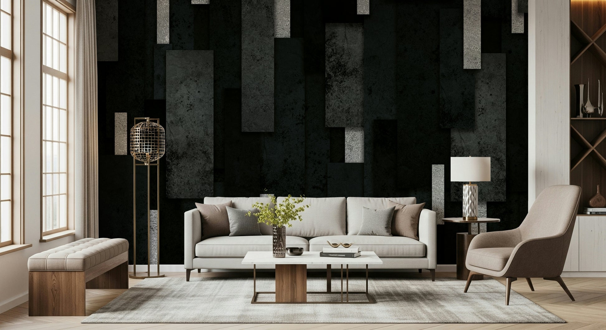 Metallic Urban Wall Mural – Modern decorative mural with layered charcoal shades and silver highlights for contemporary interiors.