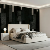 Urban Industrial Wall Mural – Minimalist design featuring bold charcoal layers accented with silver metallic textures.