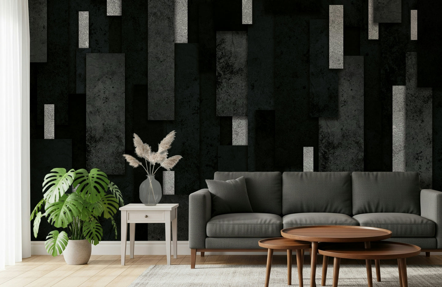Charcoal and Silver Abstract Wall Mural – Sleek urban-inspired design featuring layered dark grays with reflective silver accents.