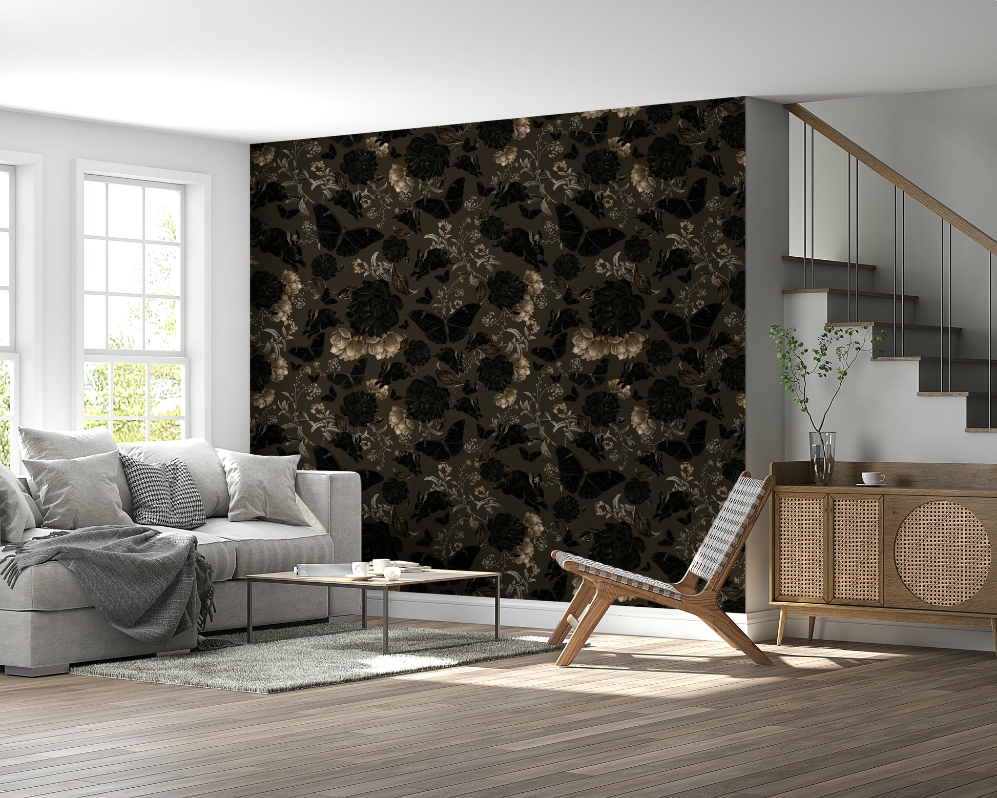 Nocturnal Garden Wallpaper Mural – Elegant dark-themed mural featuring mysterious flowers and ivy under a twilight sky.