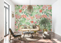 Redouté Rose Illustration Wallpaper Mural – Vintage botanical artwork showcasing hand-painted roses with delicate leaves.