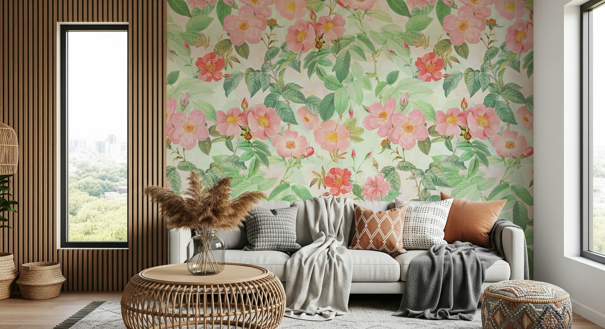 Redouté-Inspired Vintage Rose Mural – Artistic depiction of roses in soft pinks and reds, reminiscent of 18th-century botanical illustrations.