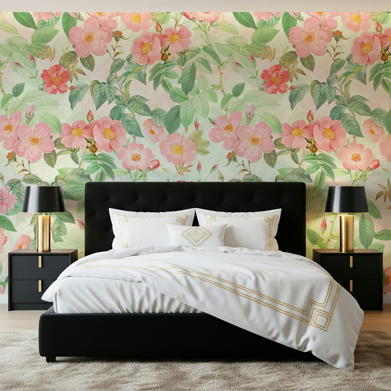 Vintage Redouté Rose Garden Wall Mural – Elegant mural featuring detailed antique-style roses in soft, classic tones.
