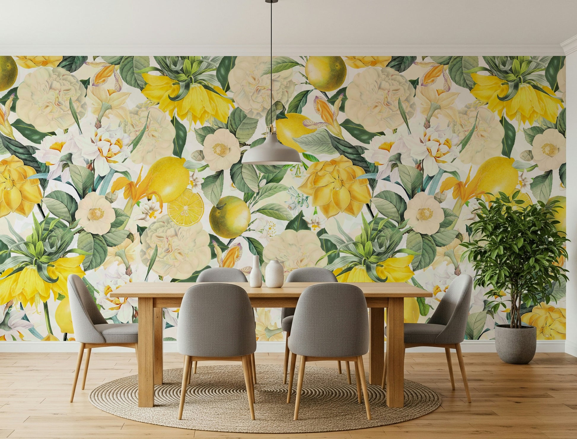 Lemon Tree Bloom Wall Mural – Vibrant mural of lemons ripening among lush foliage and springtime blooms.