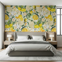 Lemon Blossom Wallpaper Mural – Fresh, botanical design showcasing blooming lemons with leafy branches.