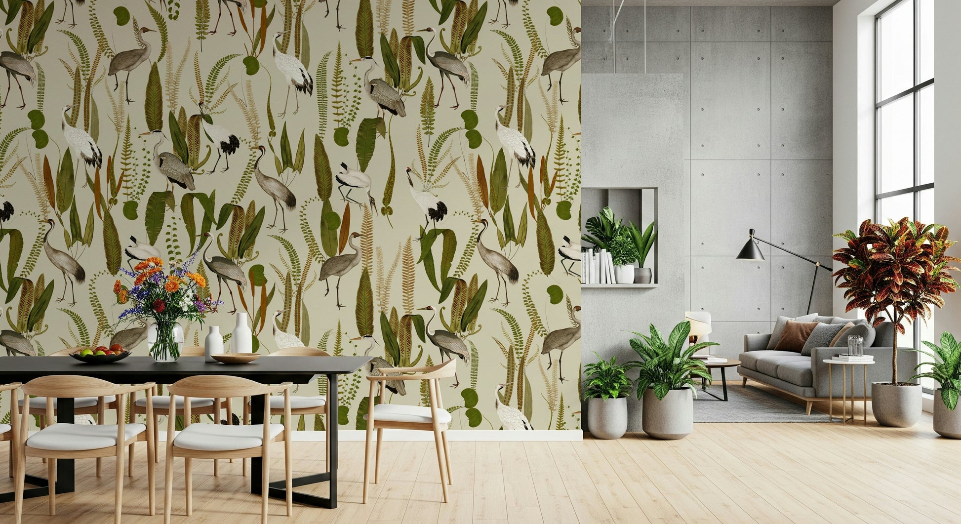 Vintage Garden Birds Wall Mural – Peaceful and elegant mural highlighting cranes and classic botanical elements.
