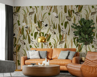 Elegant Ornamental Crane Wallpaper – Refined mural design combining vintage floral patterns with majestic crane figures.