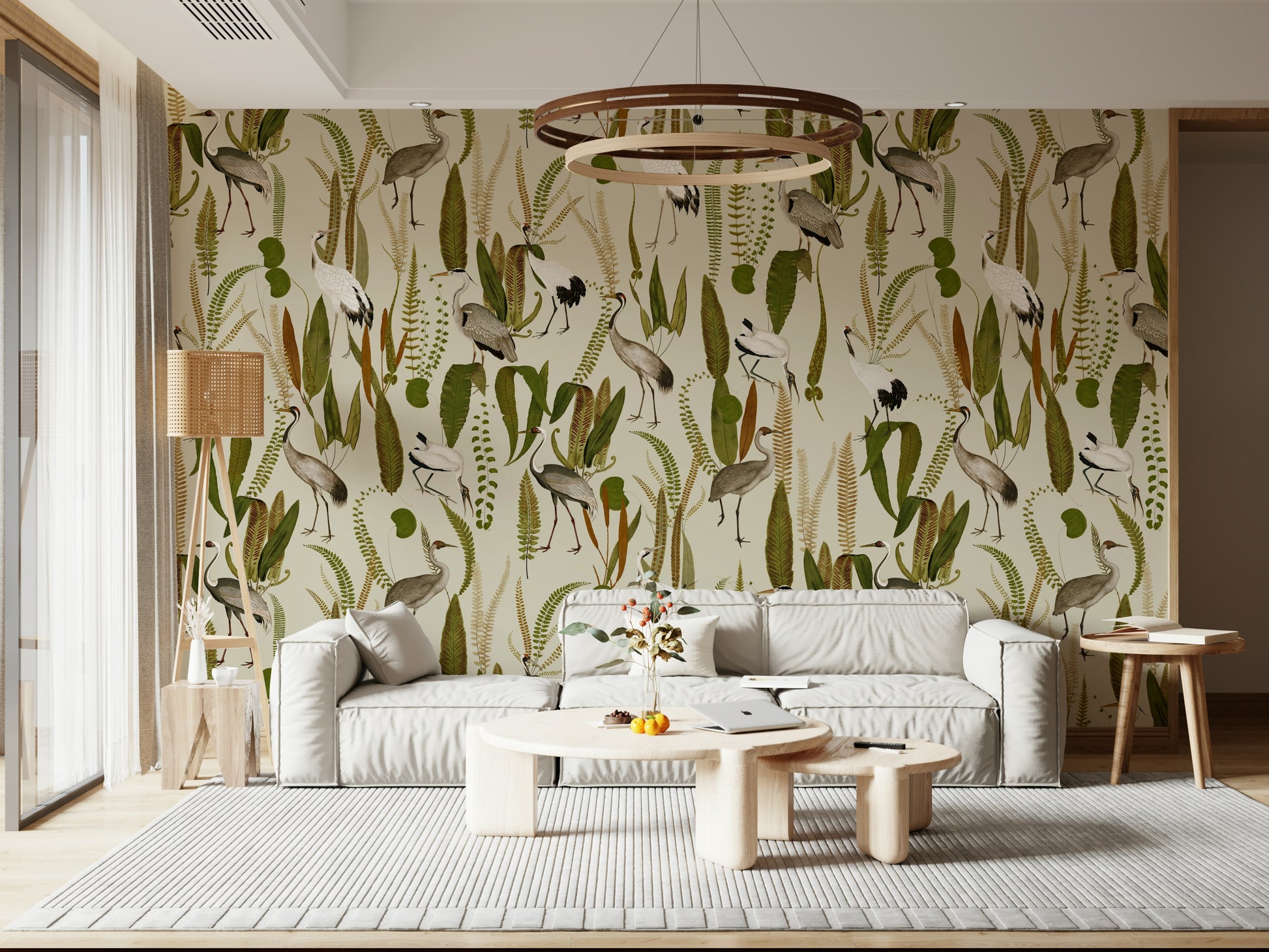 Traditional Crane Garden Wall Art Mural – Ornamental mural inspired by classic Asian garden illustrations with cranes.