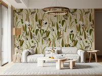 Traditional Crane Garden Wall Art Mural – Ornamental mural inspired by classic Asian garden illustrations with cranes.
