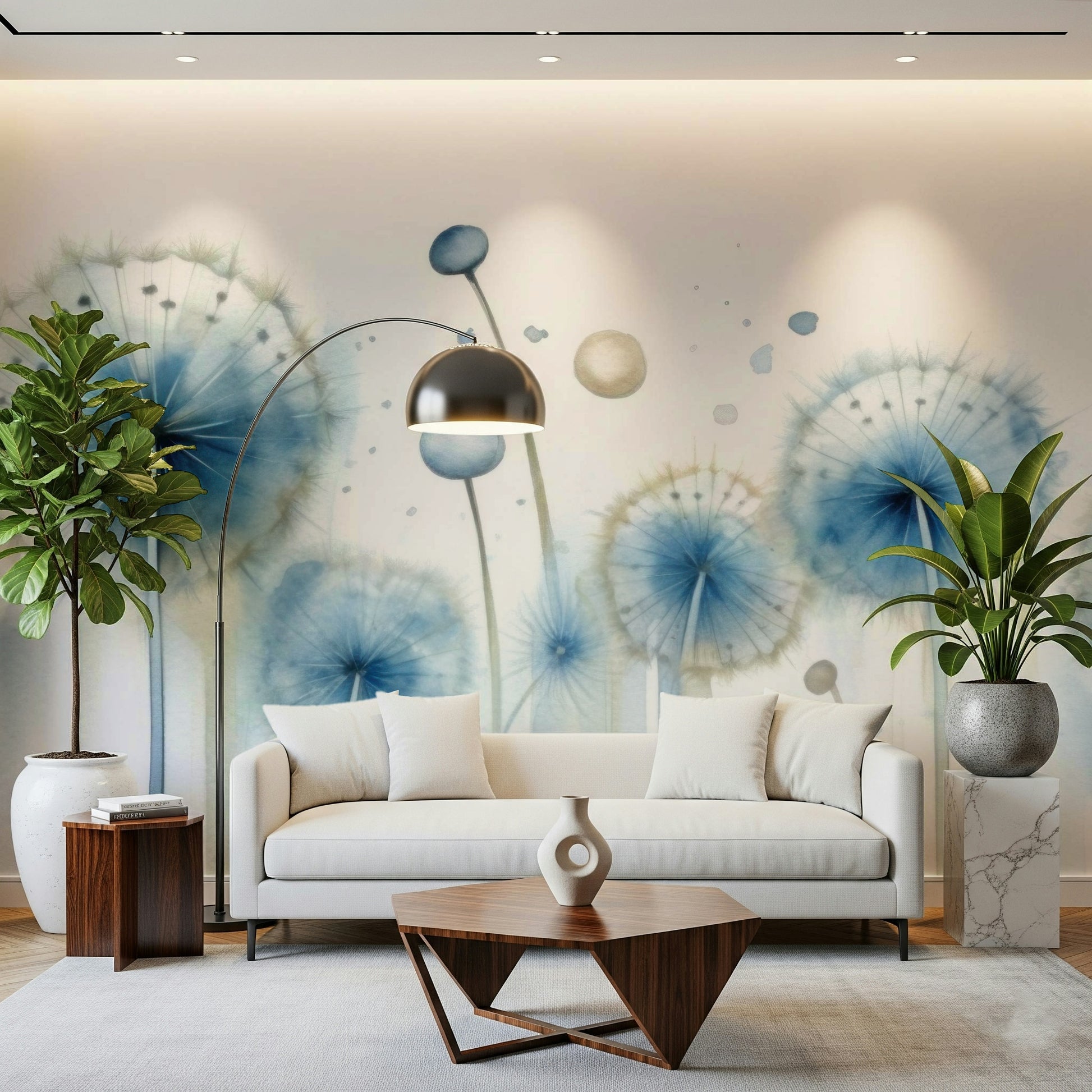 Blue Dandelion Wall Mural – Dreamy azure background with soft white dandelions releasing seeds into a calm sky.
